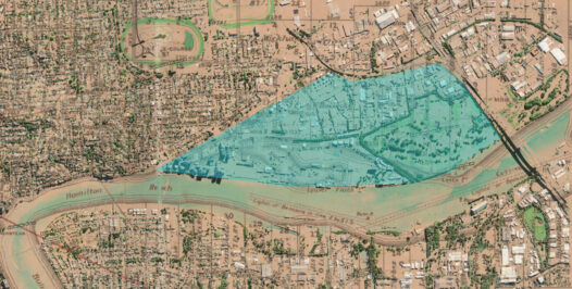 2021 aerial map of Northshore overlaid on 1887 map