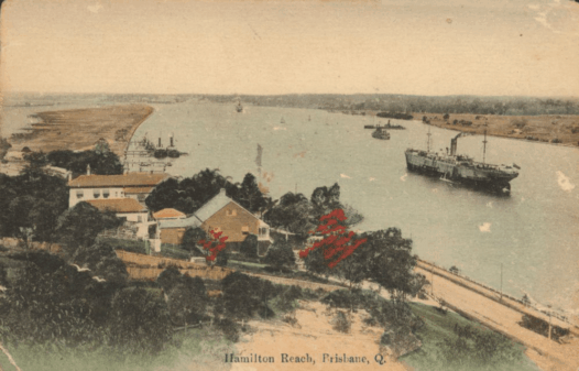 Vintage postcard depicting Hamilton Reach in Brisbane, Queensland. The image shows a river with several ships and a bank with houses and trees. The scene is serene and historic, capturing the essence of early 20th-century Brisbane.