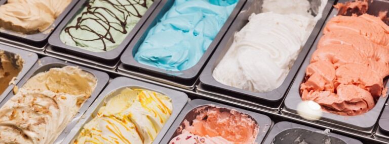 Rose Gelateria trays of gelato in many flavours.