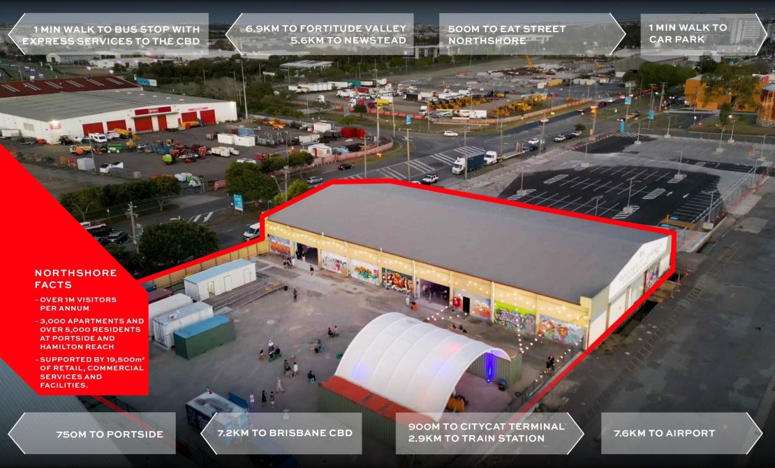 Graphic showing the distance between Superordinary and other points of interest. It is 1 min walk to a bus stop, 6.9km to Fortitude Valley, 500m to Eat Street, 1 min walk to a car park, 750M to Portside, 7.2k to Brisbane CBD, 900M to a citycat terminal, 2.9km to a train station, and 7.6km to the Airport.
